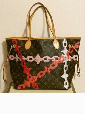 Louis Vuitton Neverfull MM Bag Bay Brown Pink Rose Ballerine Chain Tote Purse LV